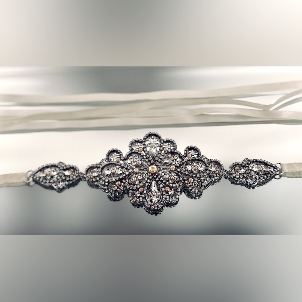 Bridal Belt Wedding Dress Accessory. One size. Silver details & ivory ribbon